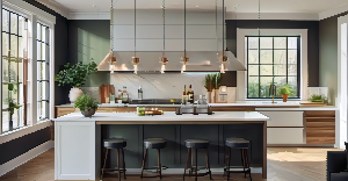 A modern kitchen with natural light, featuring an island, bar stools, and decorative lights.