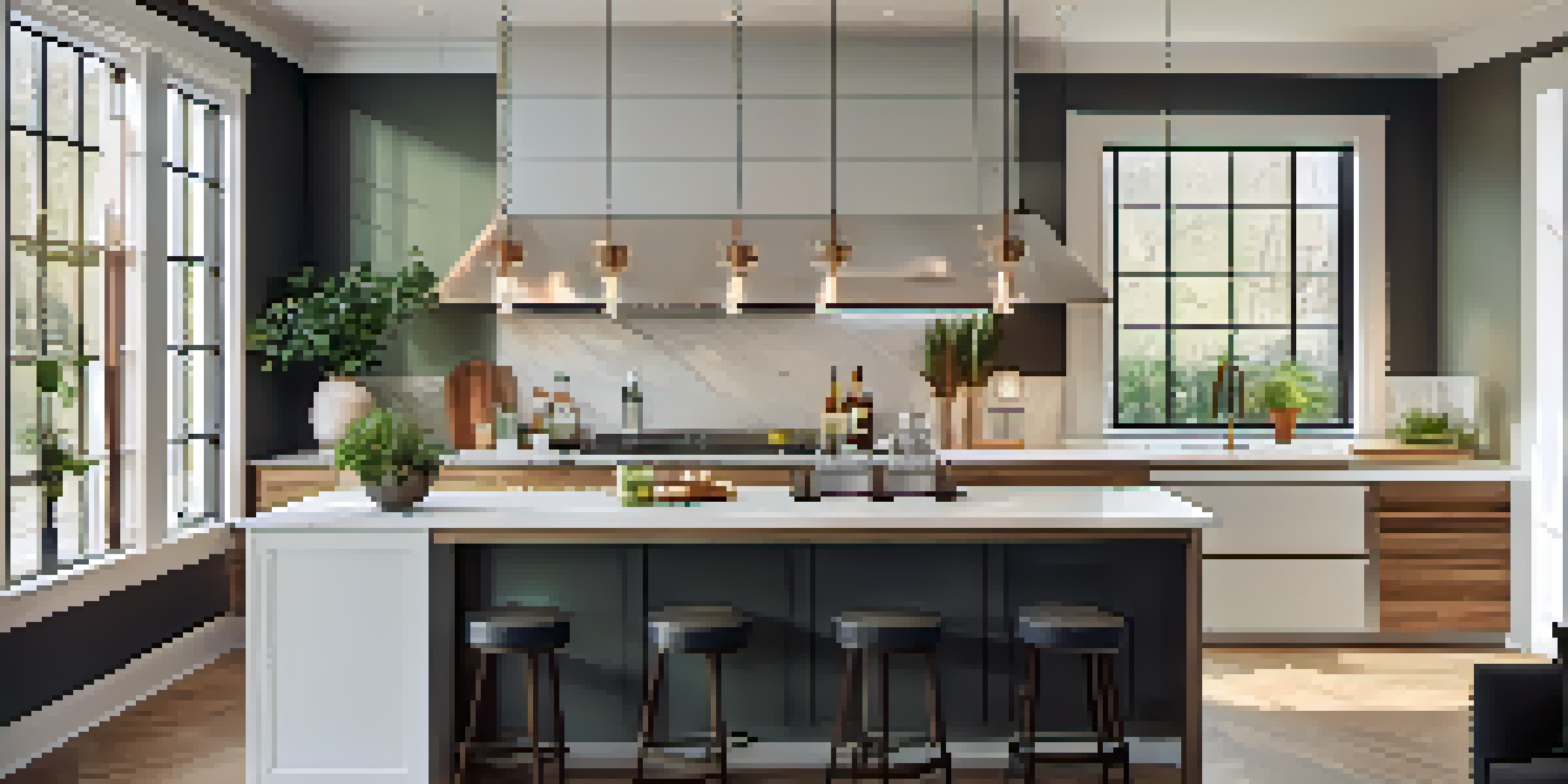 A modern kitchen with natural light, featuring an island, bar stools, and decorative lights.