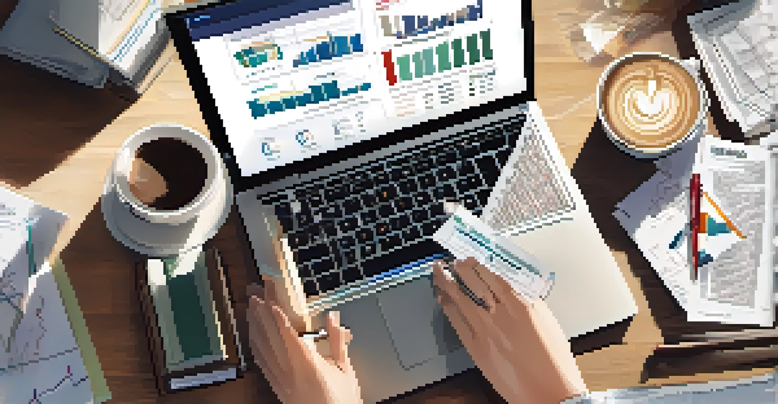 A close-up of a financial planner working on a laptop with documents and coffee, showing a retirement withdrawal plan on the screen.