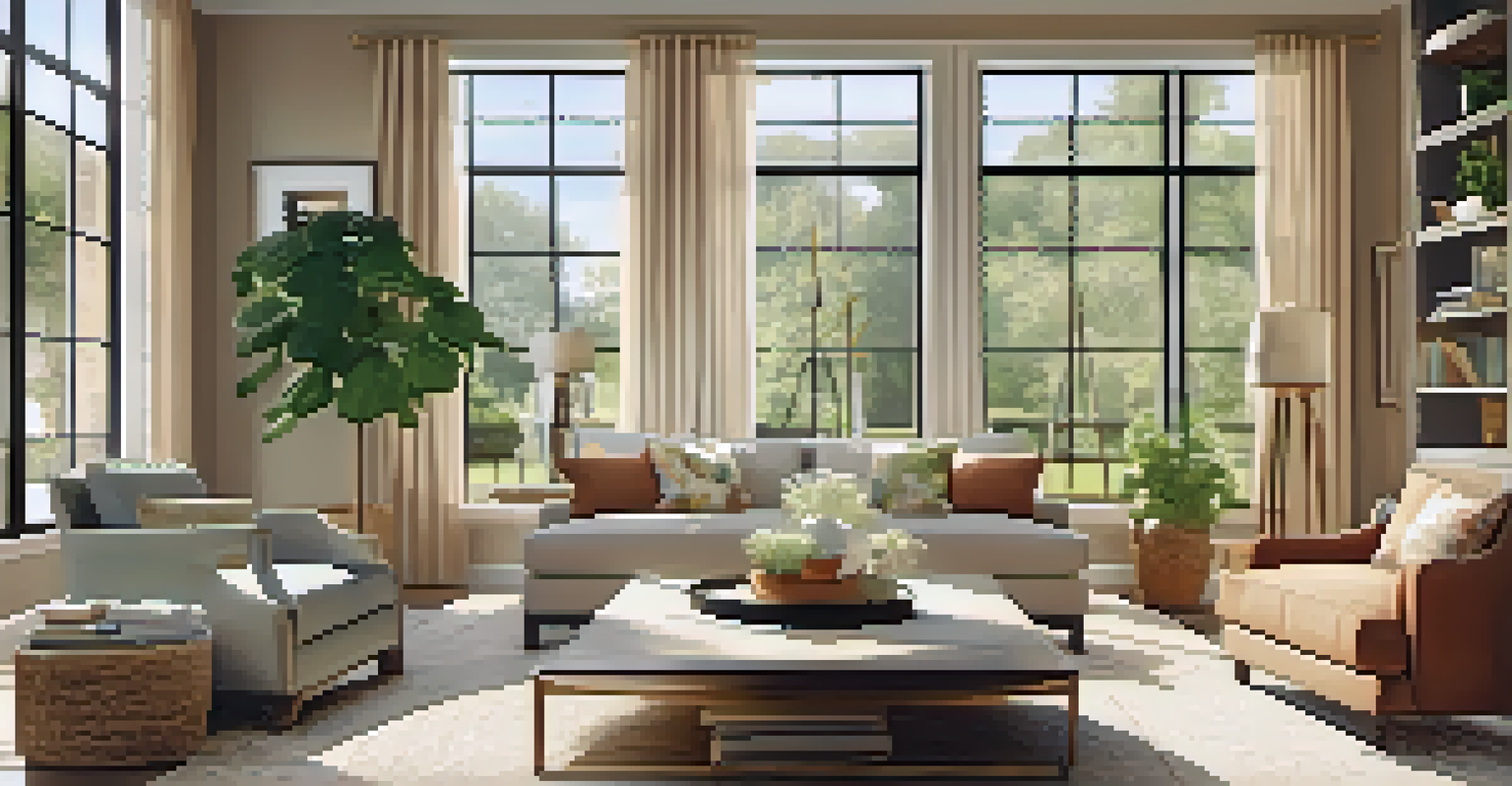 A cozy living room with sunlight streaming through a window and real estate brochures on the coffee table.
