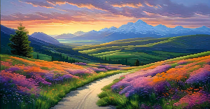 A beautiful sunset landscape with a winding road, distant mountains, and colorful wildflowers in the foreground.