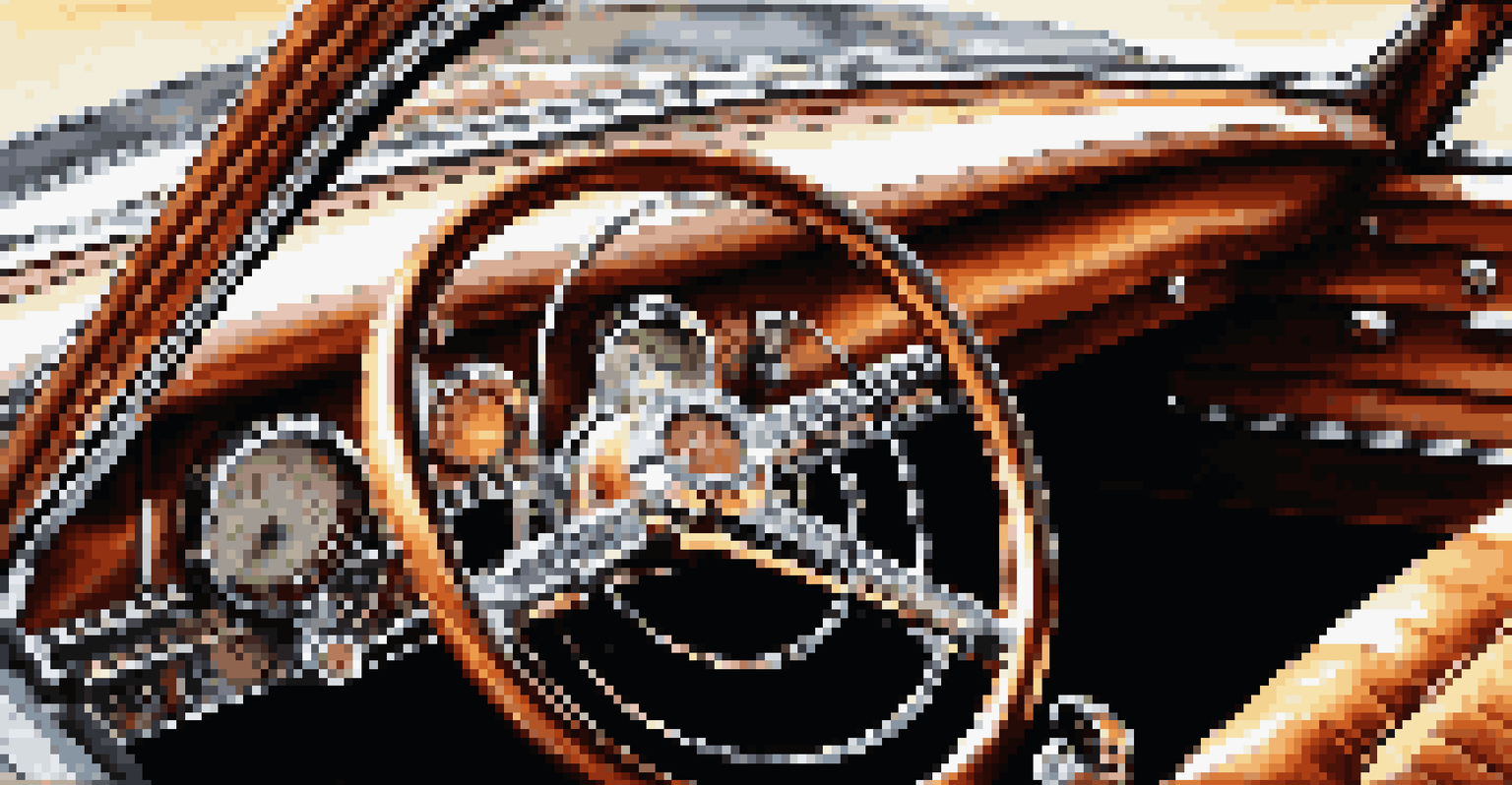 Close-up of a vintage car's dashboard with chrome and wood details, illuminated by sunlight.