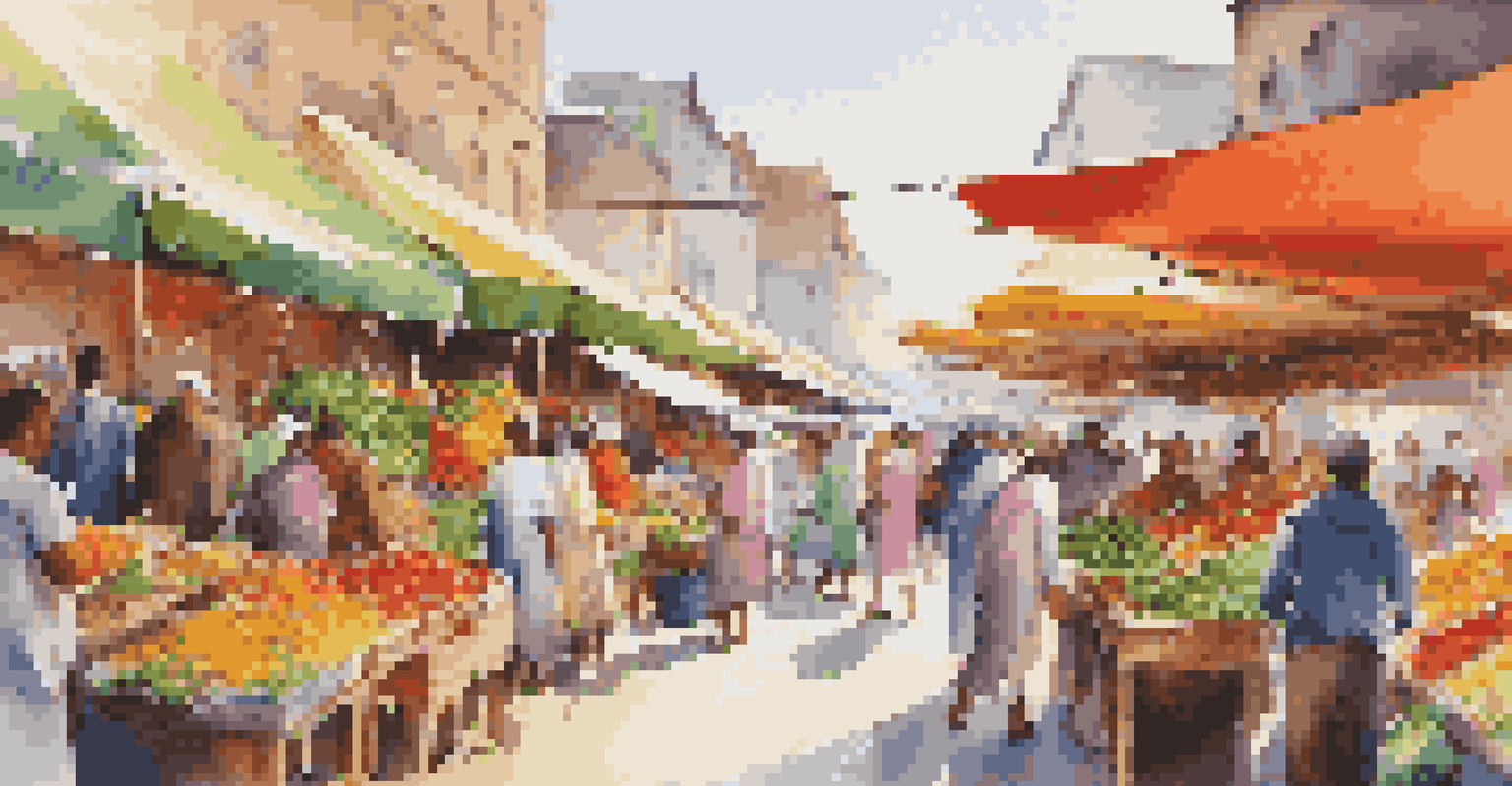 A vibrant market scene with stalls of fresh produce and flowers, filled with shoppers and vendors.