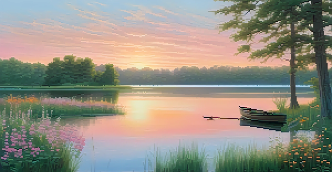 A peaceful lake scene at sunset with a wooden dock and a rowboat, surrounded by vibrant flowers and trees.