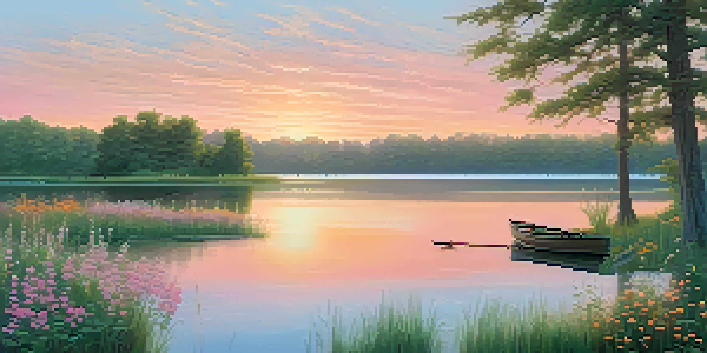 A peaceful lake scene at sunset with a wooden dock and a rowboat, surrounded by vibrant flowers and trees.