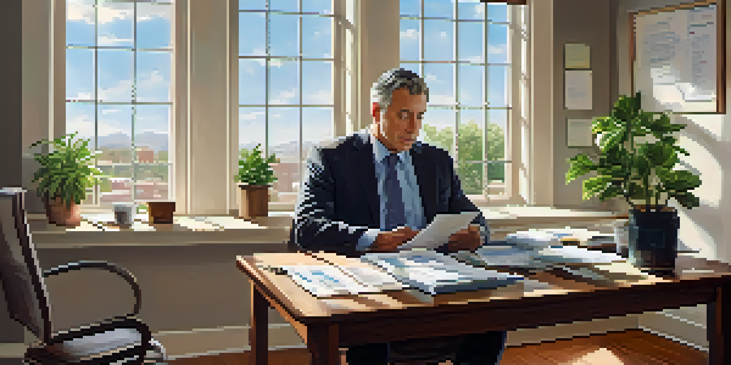 A middle-aged man in an office, contemplating financial reports with a sunny view outside the window.
