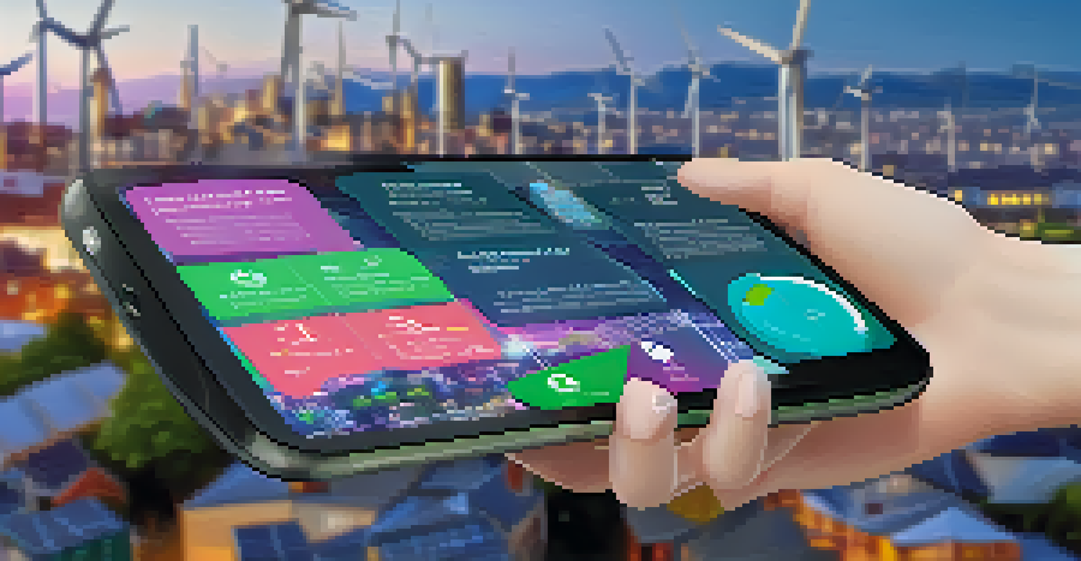 A hand holding a smartphone showing ESG data, with a blurred cityscape featuring renewable energy sources in the background.