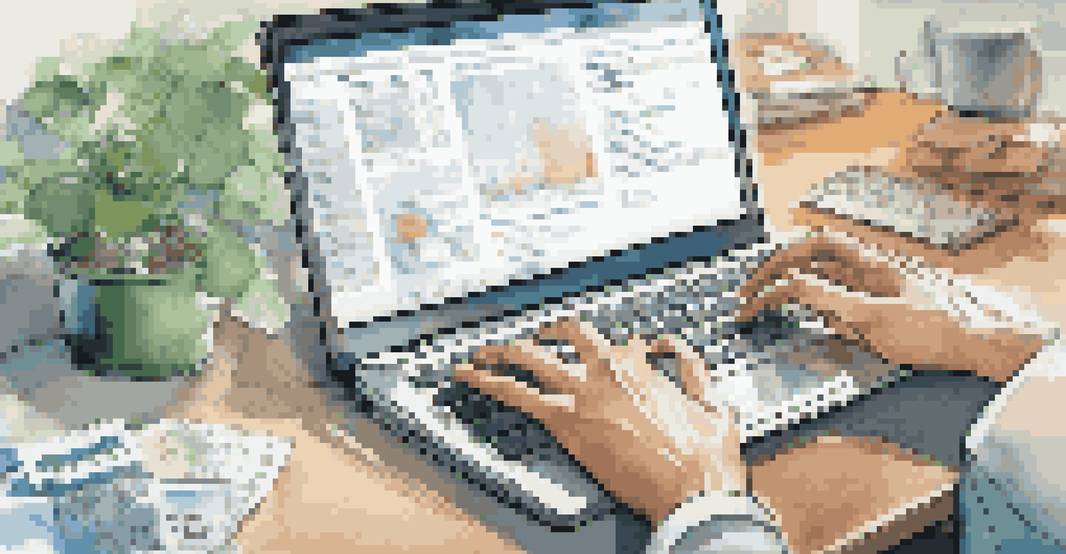 Close-up of hands typing on a laptop, surrounded by crowdfunding materials like budget sheets and marketing plans in a bright office environment.