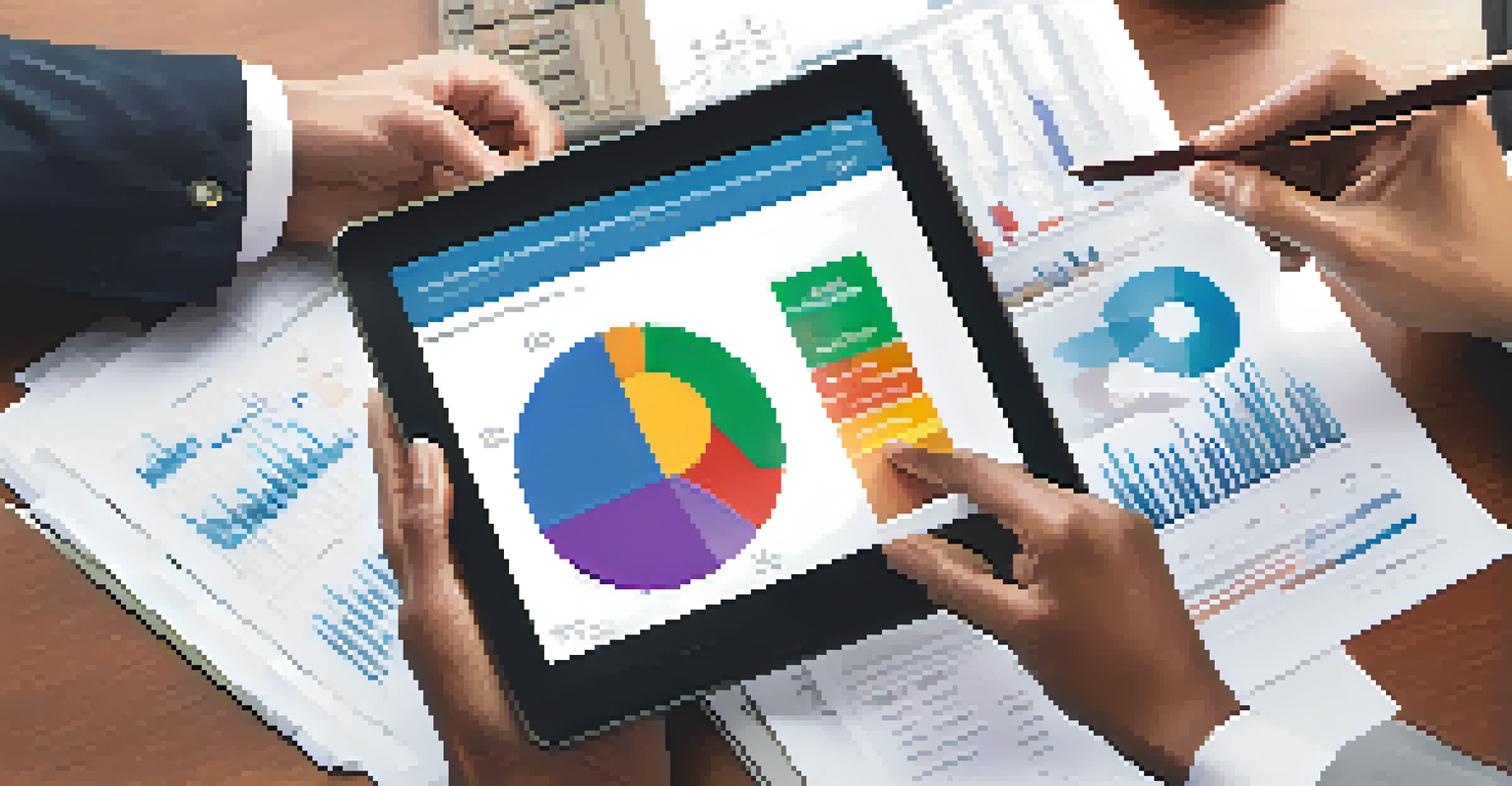 A close-up of hands holding financial documents and a tablet showing stock market trends.