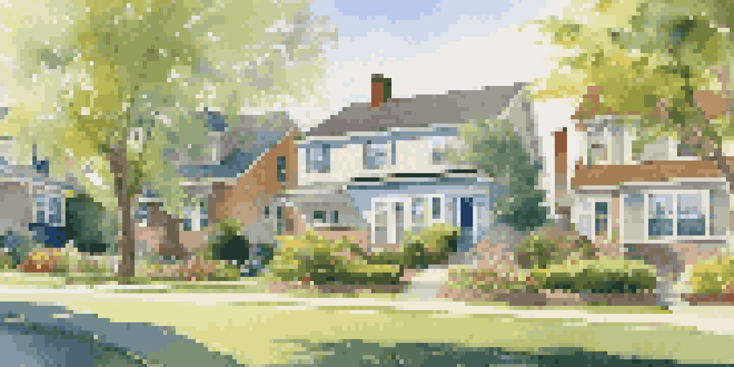 A picturesque suburban neighborhood with houses, lawns, and a family having a picnic, representing financial stability.