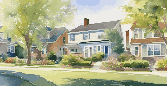 A picturesque suburban neighborhood with houses, lawns, and a family having a picnic, representing financial stability.