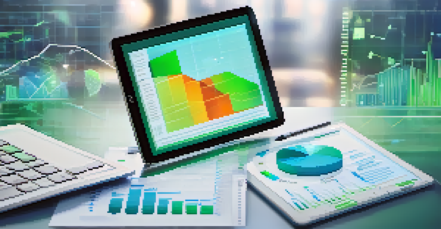 An abstract image of a digital tablet with graphs and compliance icons against a colorful background.