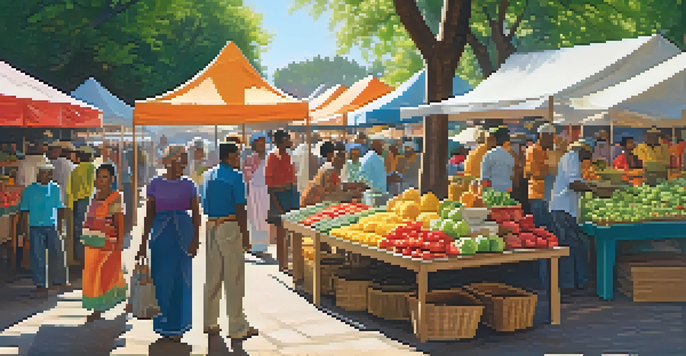A diverse group of people in a bustling local marketplace with colorful stalls and sunlight filtering through trees.