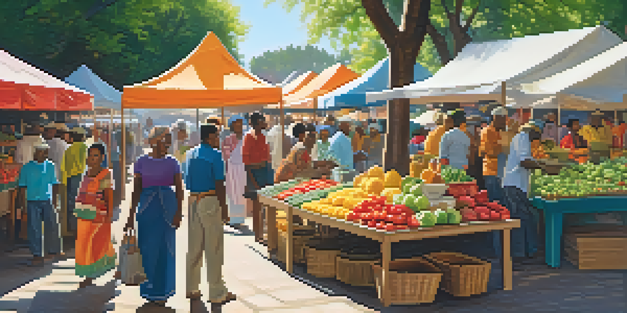A diverse group of people in a bustling local marketplace with colorful stalls and sunlight filtering through trees.