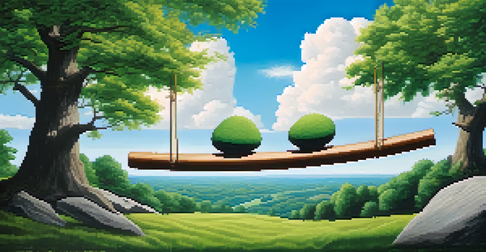 A seesaw balanced with green trees representing stocks and sturdy rocks symbolizing bonds in a lush landscape under a bright blue sky.