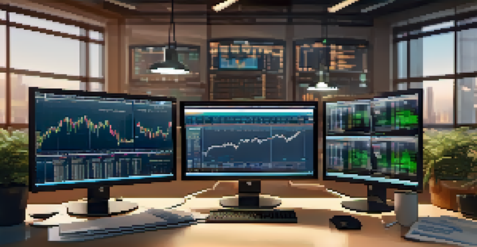 A trading desk with monitors showing stock market charts, surrounded by notes and a coffee cup.