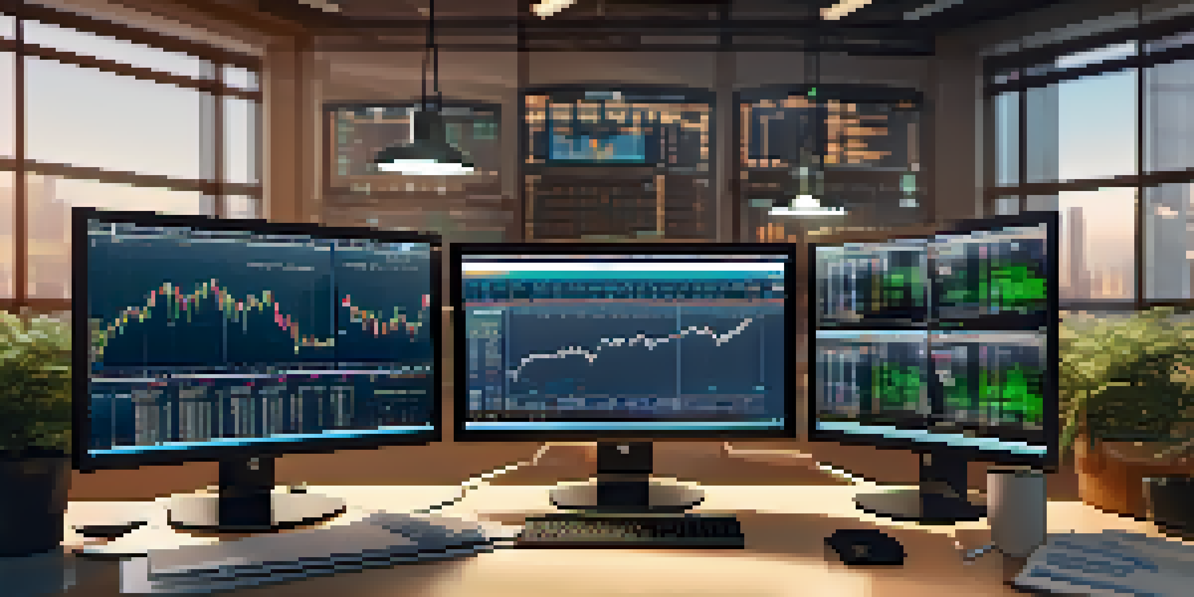 A trading desk with monitors showing stock market charts, surrounded by notes and a coffee cup.