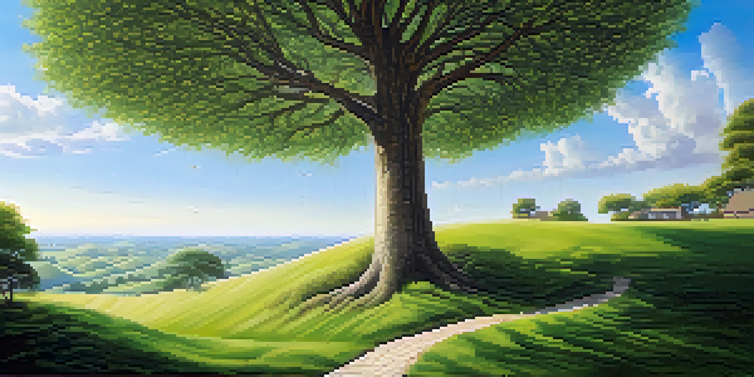 A peaceful landscape with a growing tree under a sunny sky, symbolizing long-term investment growth, with coins and stock charts in the grass.
