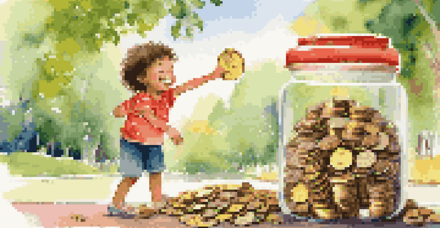 A child saving coins in a colorful jar in a sunny park, with a savings chart next to them.