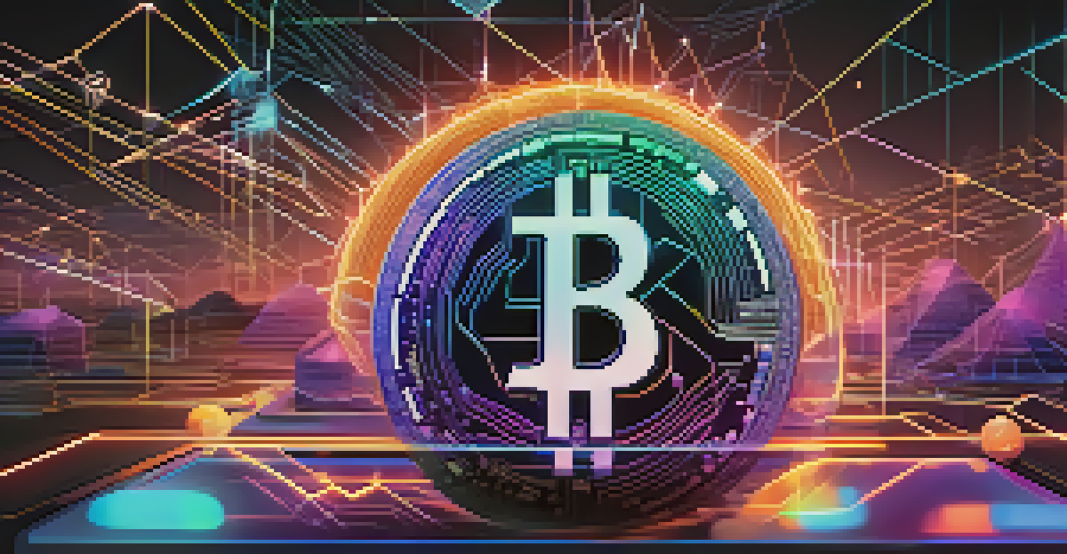 Abstract digital representations of cryptocurrencies like Bitcoin and Ethereum, floating in a neon-lit virtual space.