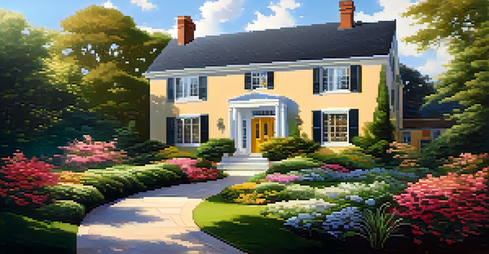 A modern home in a lush green garden under a blue sky with white clouds, illuminated by golden sunlight.