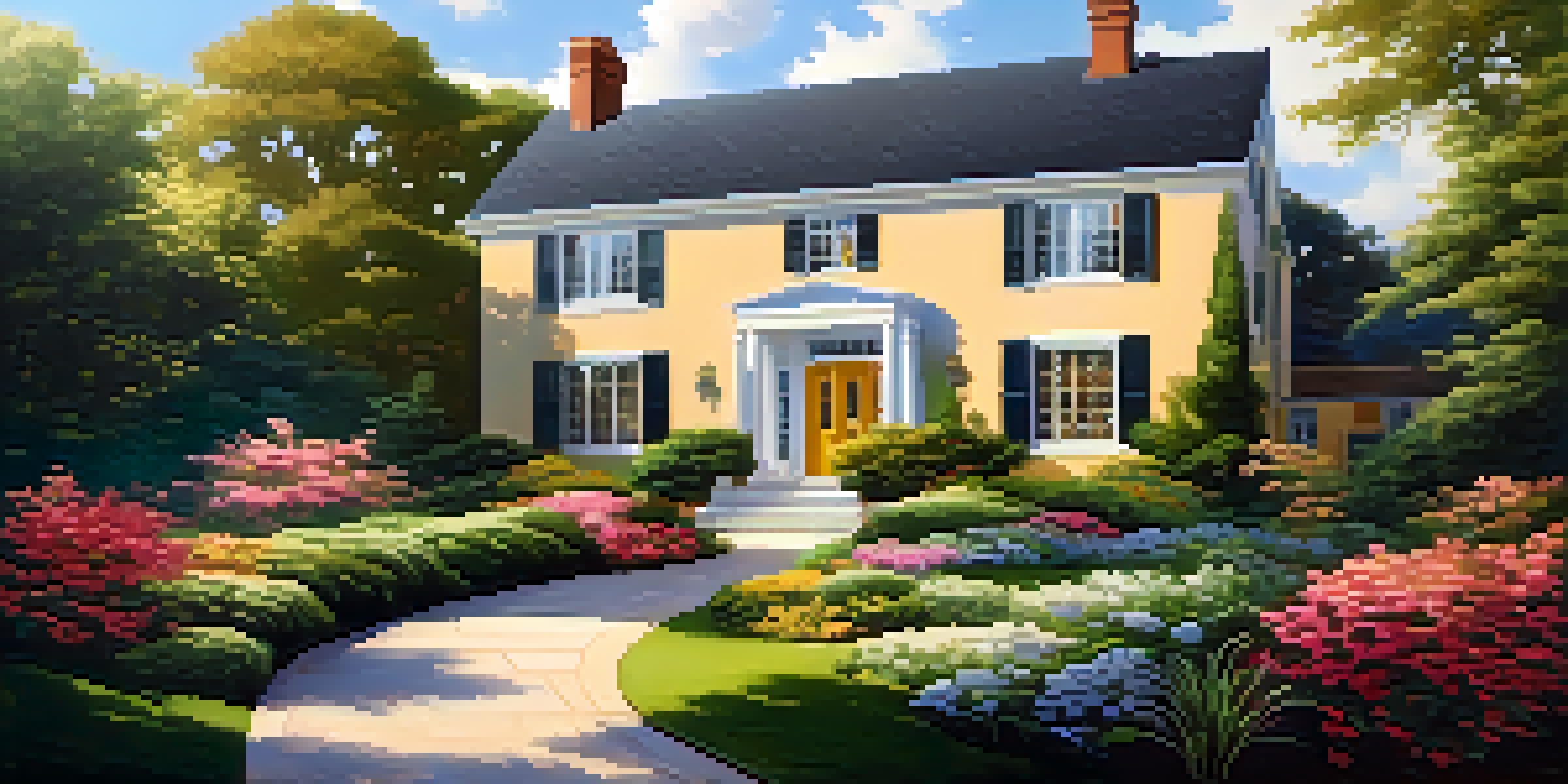 A modern home in a lush green garden under a blue sky with white clouds, illuminated by golden sunlight.