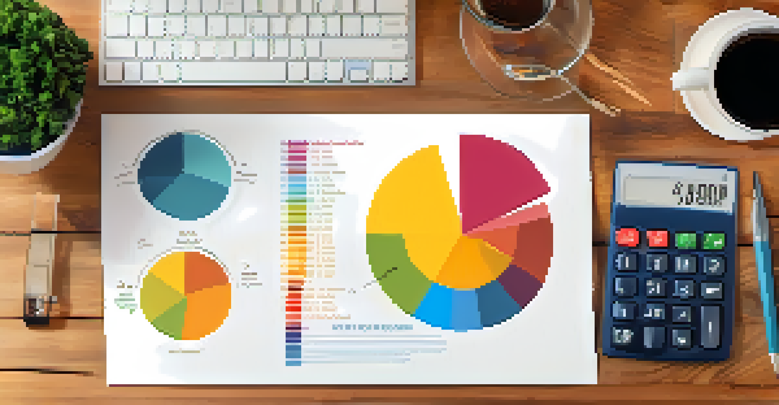 An overhead view of a pie chart on a wooden table next to a calculator, cup of coffee, and notepad, illustrating budgeting and debt management.