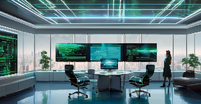 A modern office featuring a quantum computer, illuminated by blue and green lights, with data visualizations on screens and a city skyline visible through a window.