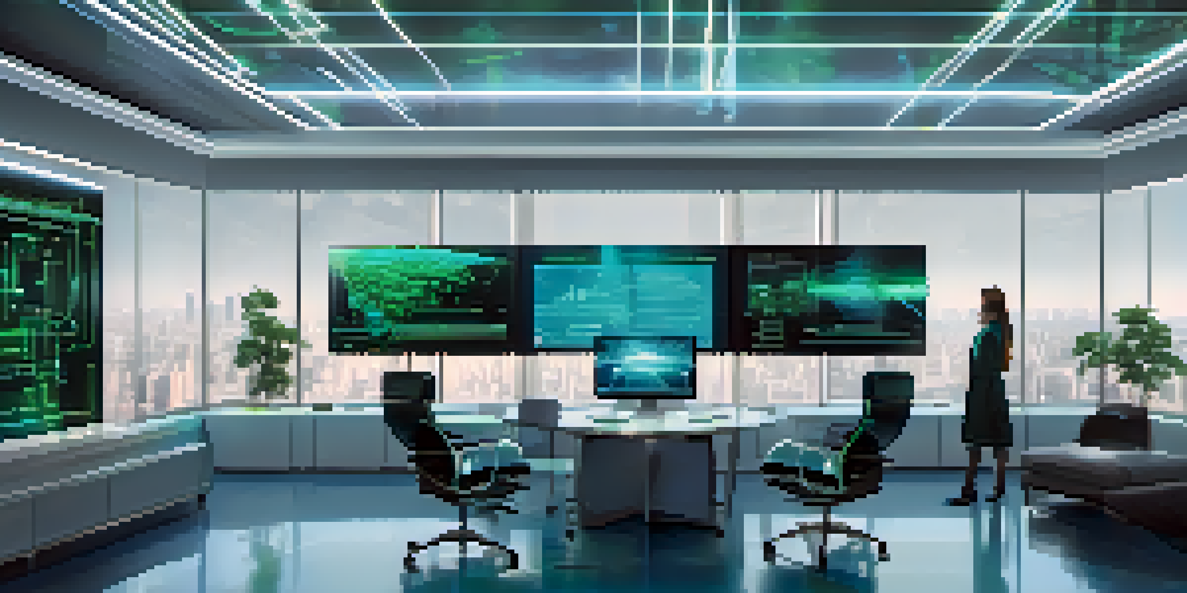A modern office featuring a quantum computer, illuminated by blue and green lights, with data visualizations on screens and a city skyline visible through a window.