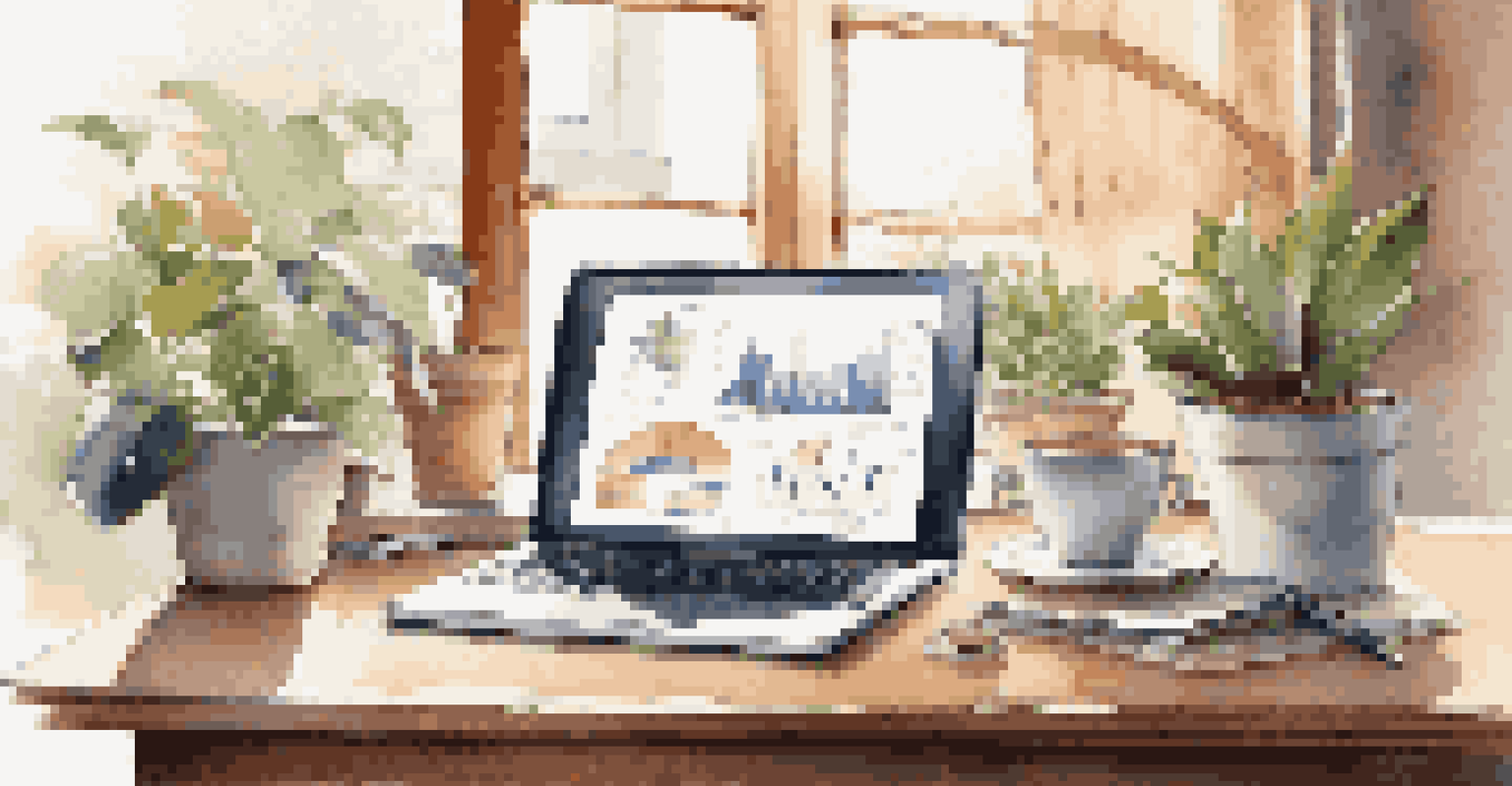 An elegant workspace with a laptop showing financial graphs, a cup of coffee, and a notepad, illuminated by soft sunlight with a potted plant in the background.