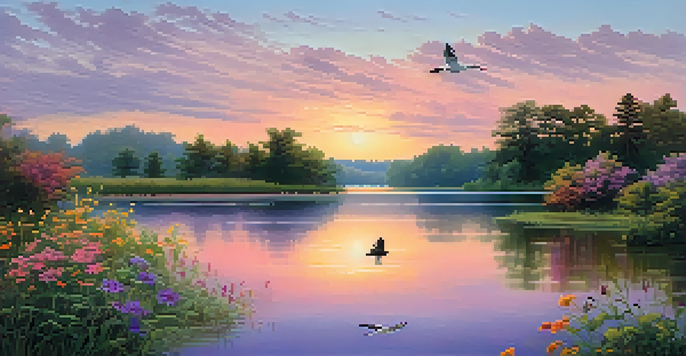 A peaceful sunrise over a calm lake, with trees and wildflowers in the foreground.