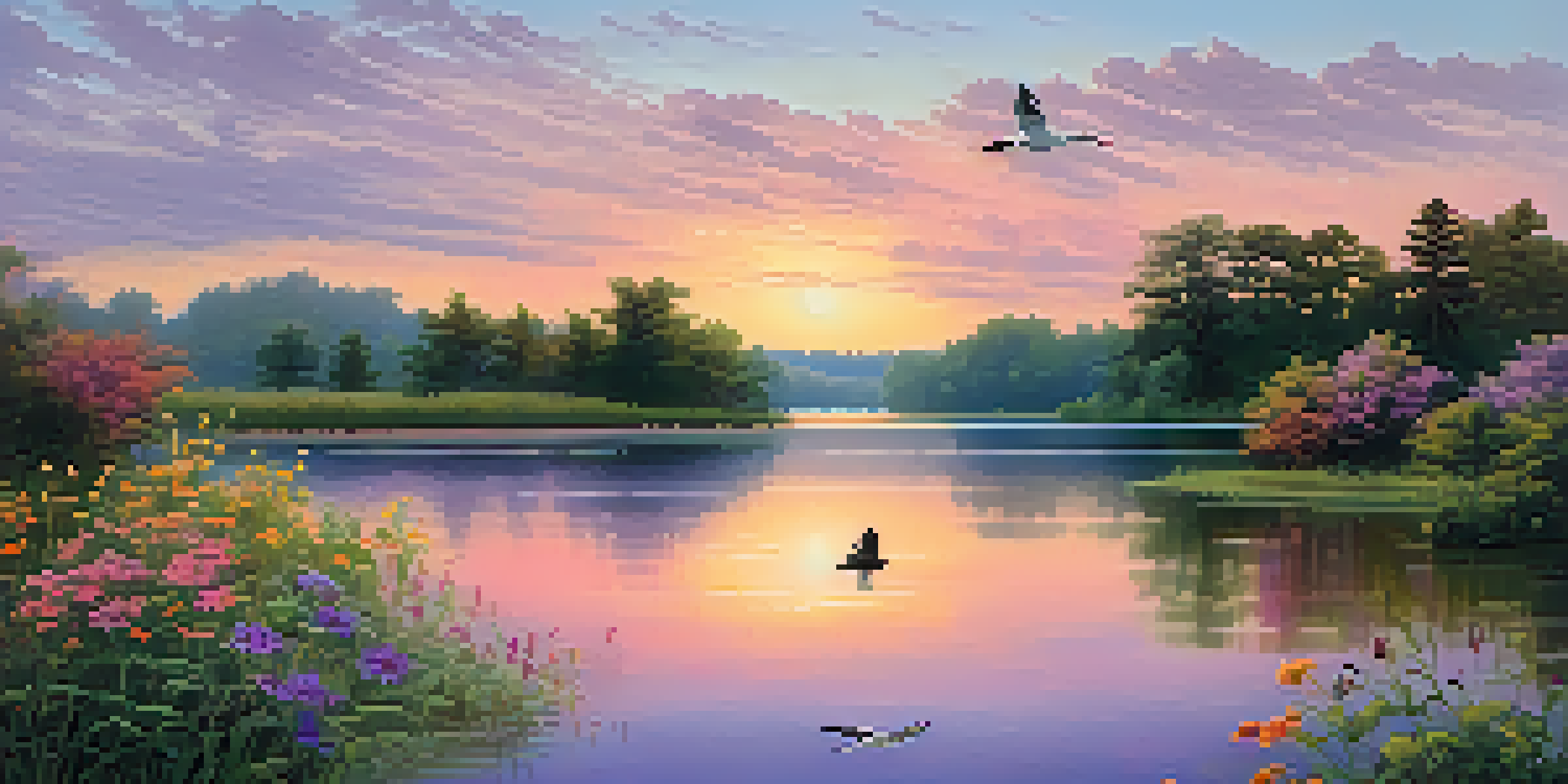 A peaceful sunrise over a calm lake, with trees and wildflowers in the foreground.