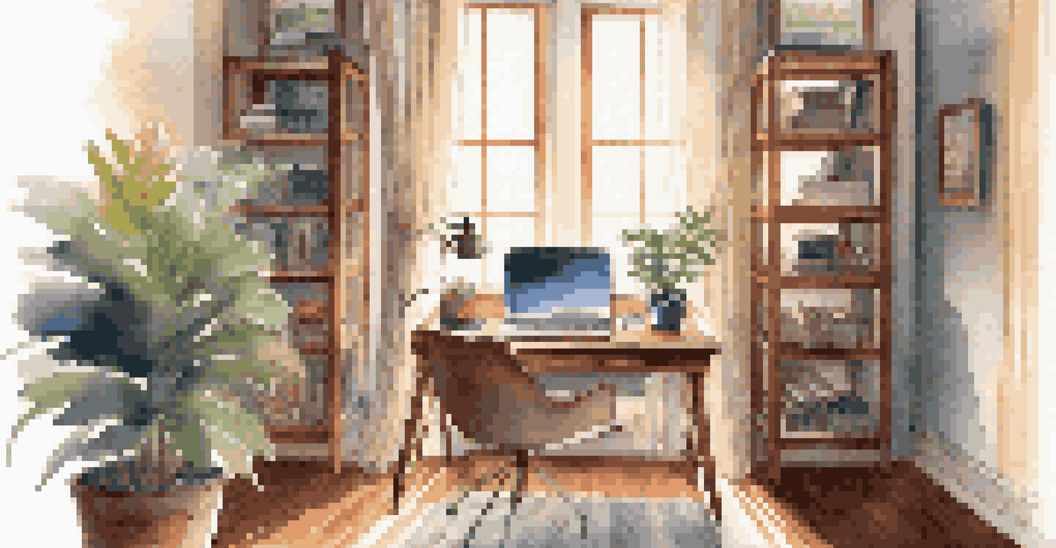 A cozy home office with a wooden desk, laptop, and plants illuminated by sunlight.