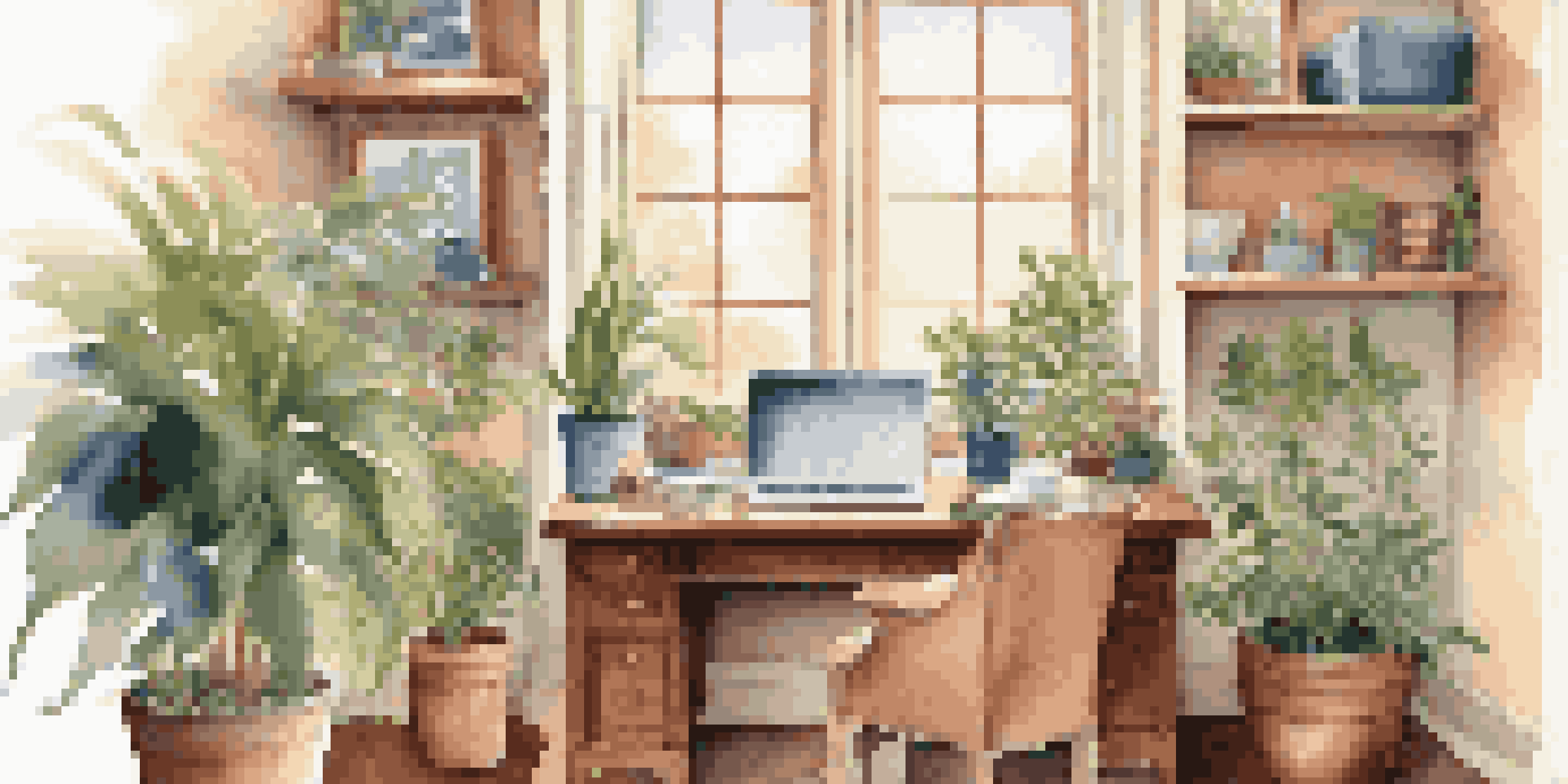 A cozy home office with a wooden desk, laptop, potted plants, and family photos, illuminated by soft morning light.
