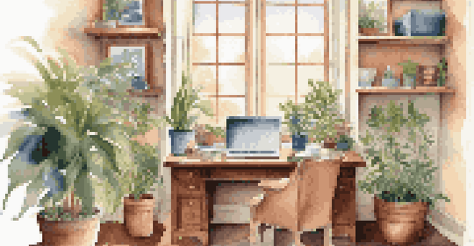 A cozy home office with a wooden desk, laptop, potted plants, and family photos, illuminated by soft morning light.