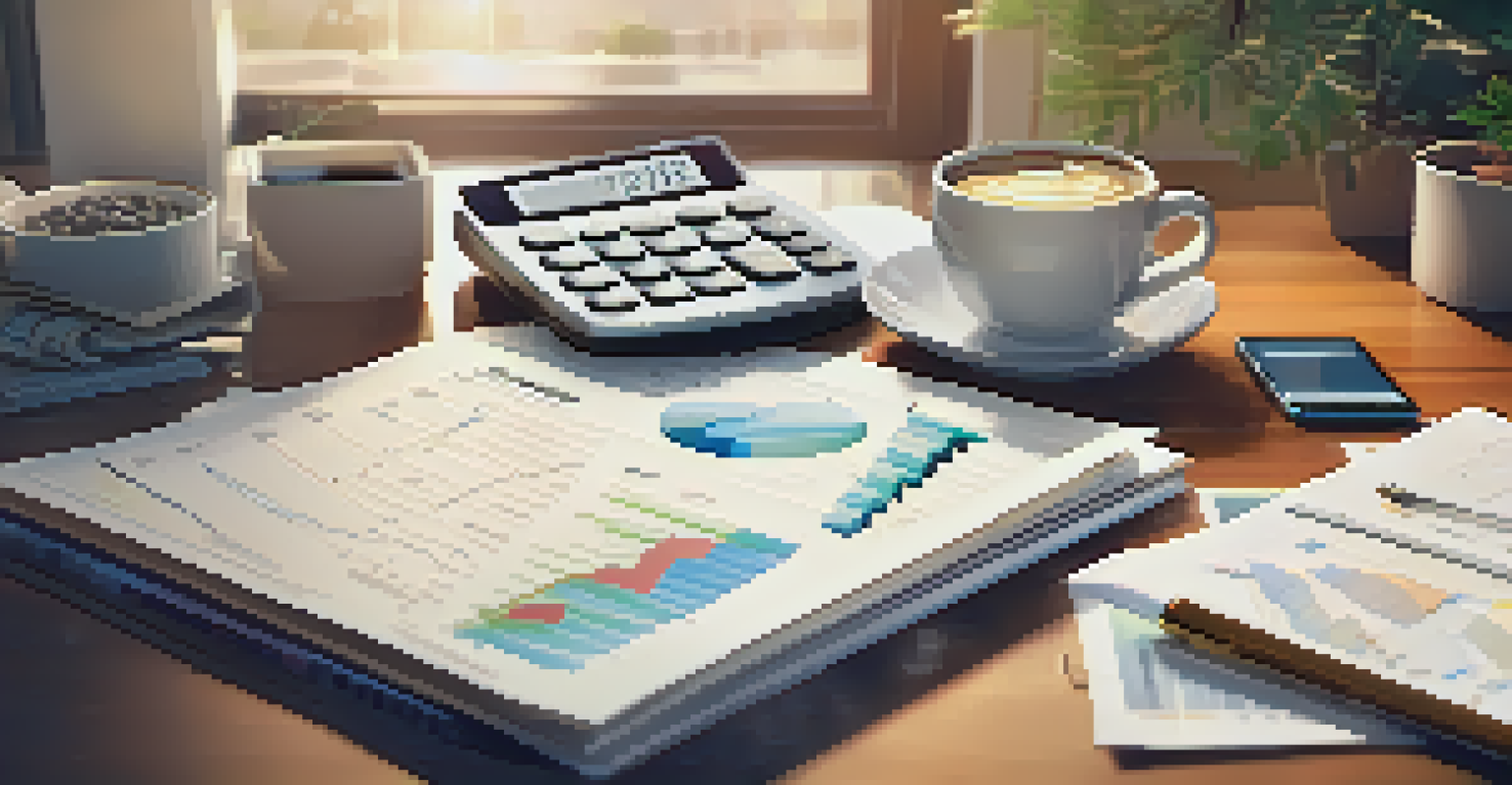 A financial planner's desk with documents, a calculator, and a smartphone showing stock market updates.