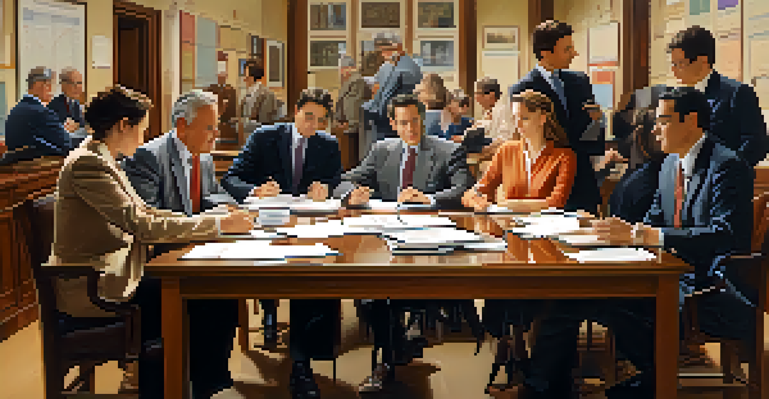 A diverse group of people studying investment documents and discussing strategies in a brightly lit room filled with charts.