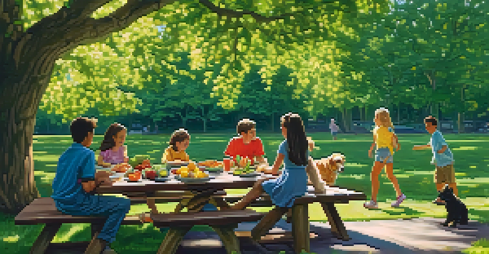 A diverse group of people enjoying a picnic in a green park, with food on the table and children playing in the background.