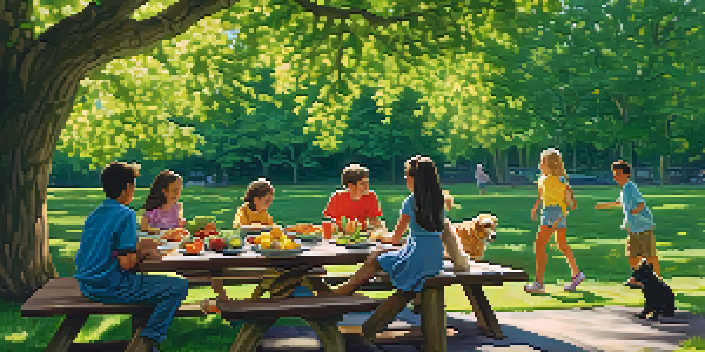 A diverse group of people enjoying a picnic in a green park, with food on the table and children playing in the background.