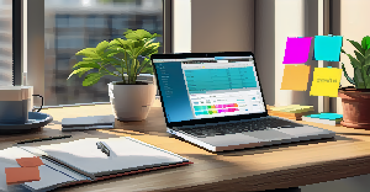 An organized workspace with a laptop and financial planning materials, illuminated by sunlight.