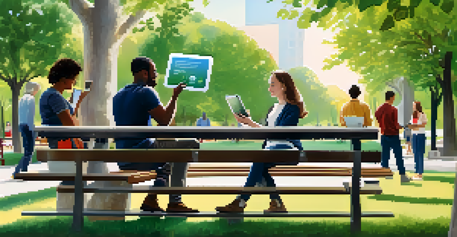 A diverse group of people in a park discussing financial goals, with one person holding a tablet displaying a financial app.
