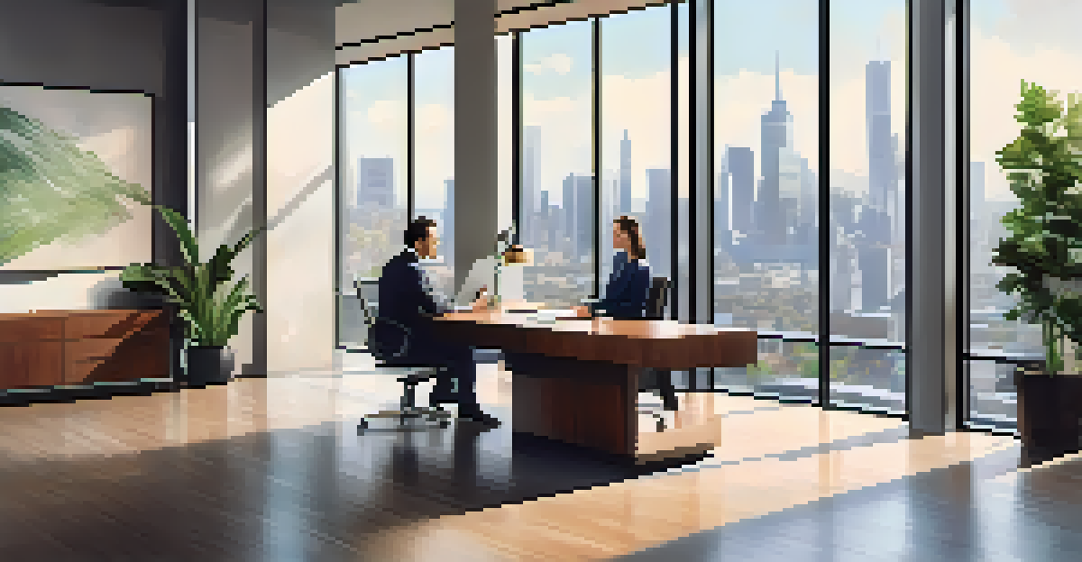 A financial advisor discussing plans with a client in a bright office with a city view.