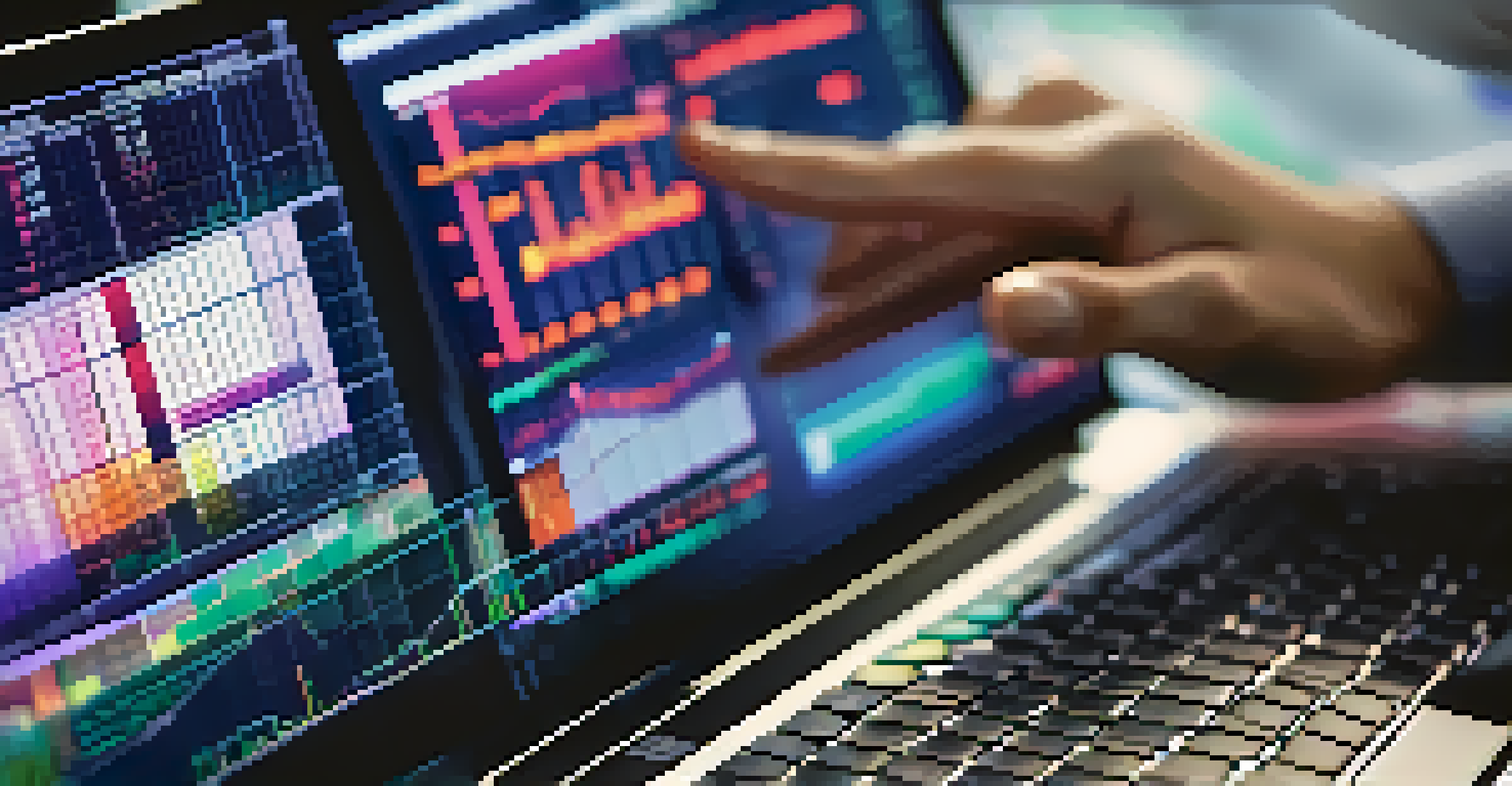 A close-up of a trader's hands typing on a laptop, with a screen showing colorful candlestick charts and technical indicators, against a blurred background.