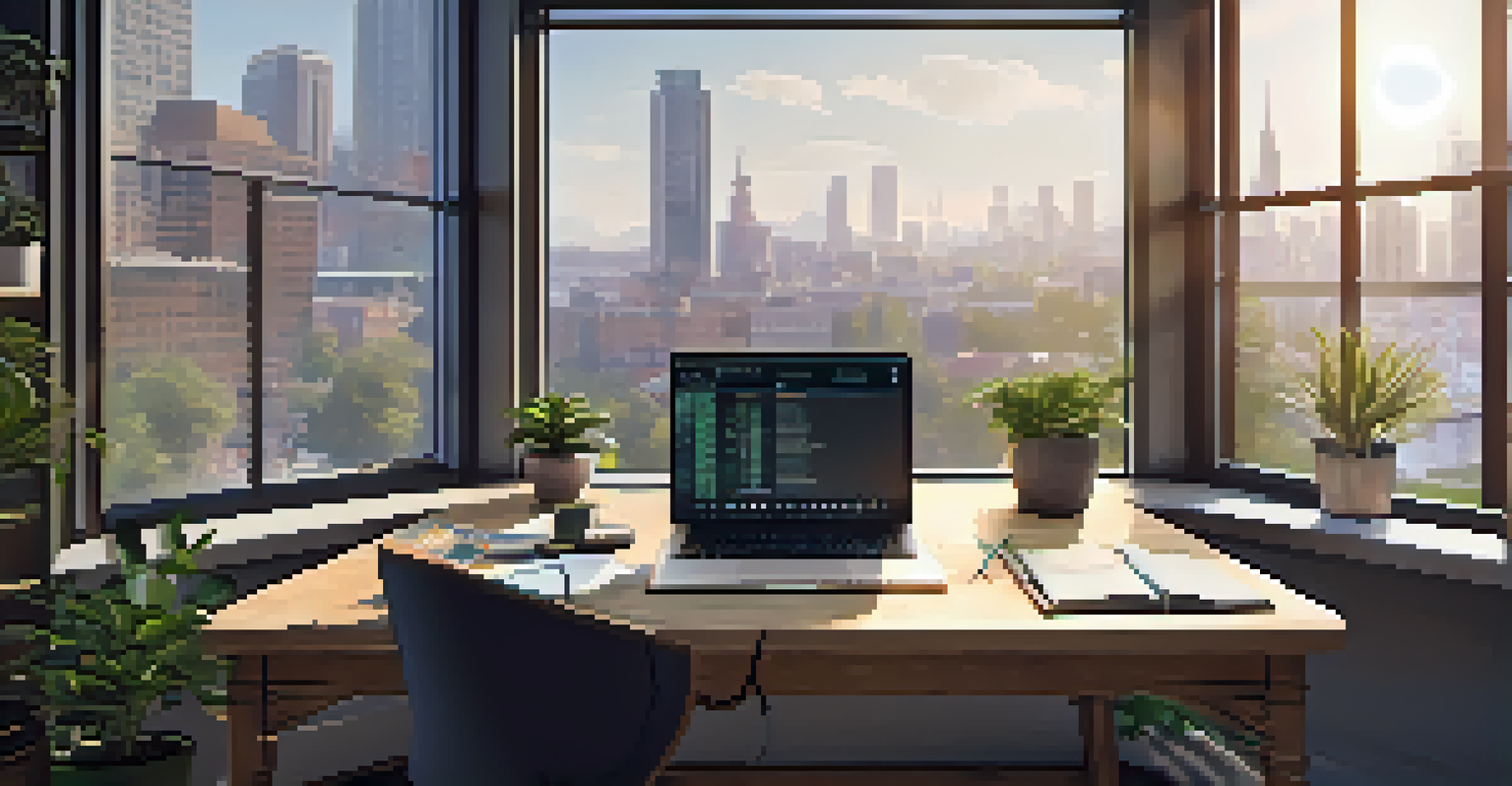 An office space with a wooden desk, laptop, and motivational quotes on the walls.