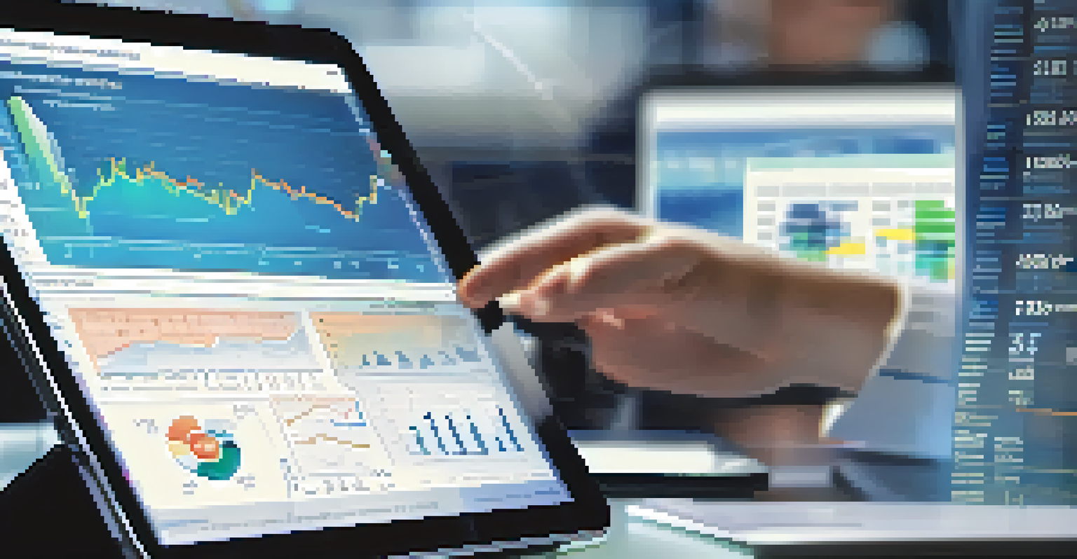 A close-up of a business professional analyzing economic data on a digital tablet in a bright office setting.