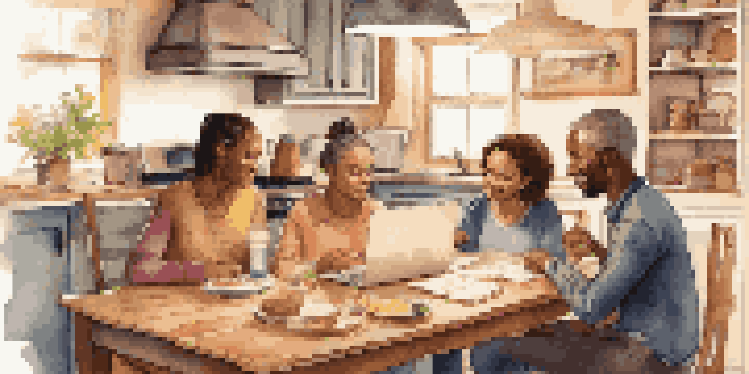 A family sitting around a kitchen table, engaged in a discussion about finances. There are papers and a laptop on the table.