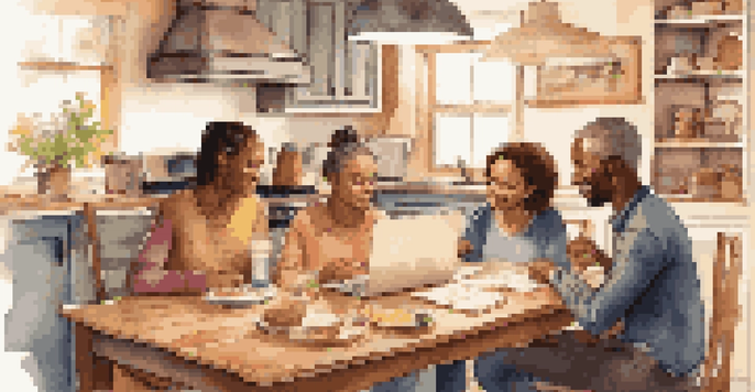 A family sitting around a kitchen table, engaged in a discussion about finances. There are papers and a laptop on the table.