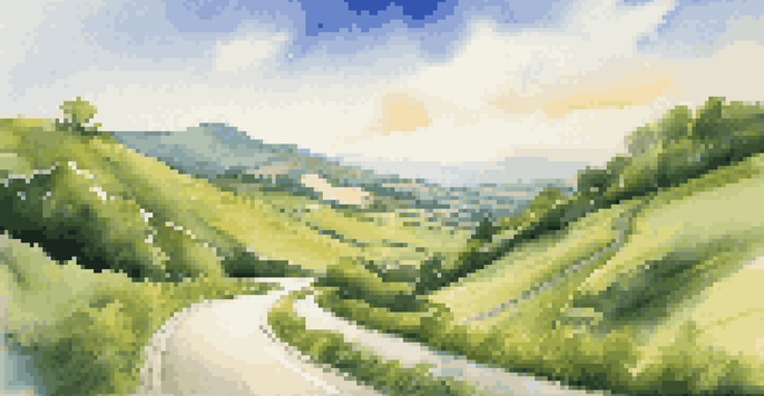 A scenic view of a winding road through green hills, under a clear blue sky, representing a journey towards financial goals.