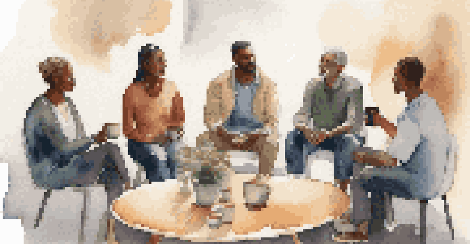 A diverse group of people in a support group meeting, sitting in a circle and engaged in conversation.
