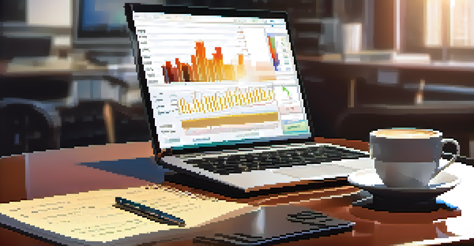 A financial analyst's desk with a laptop, coffee cup, and notepad filled with notes.